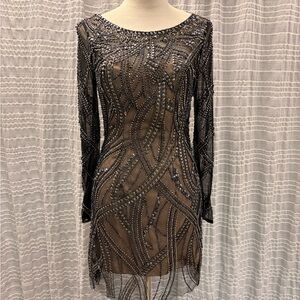 Elegant Long Sleeve Nude And Black/ Gunmetal Beaded Dress
